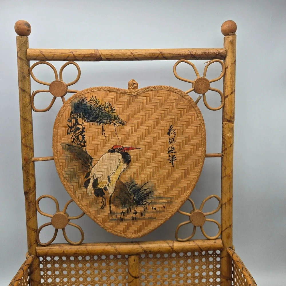 Vintage Bamboo Rattan Wall Mail Organizer Shelf Hand Painted Bird Boho 18